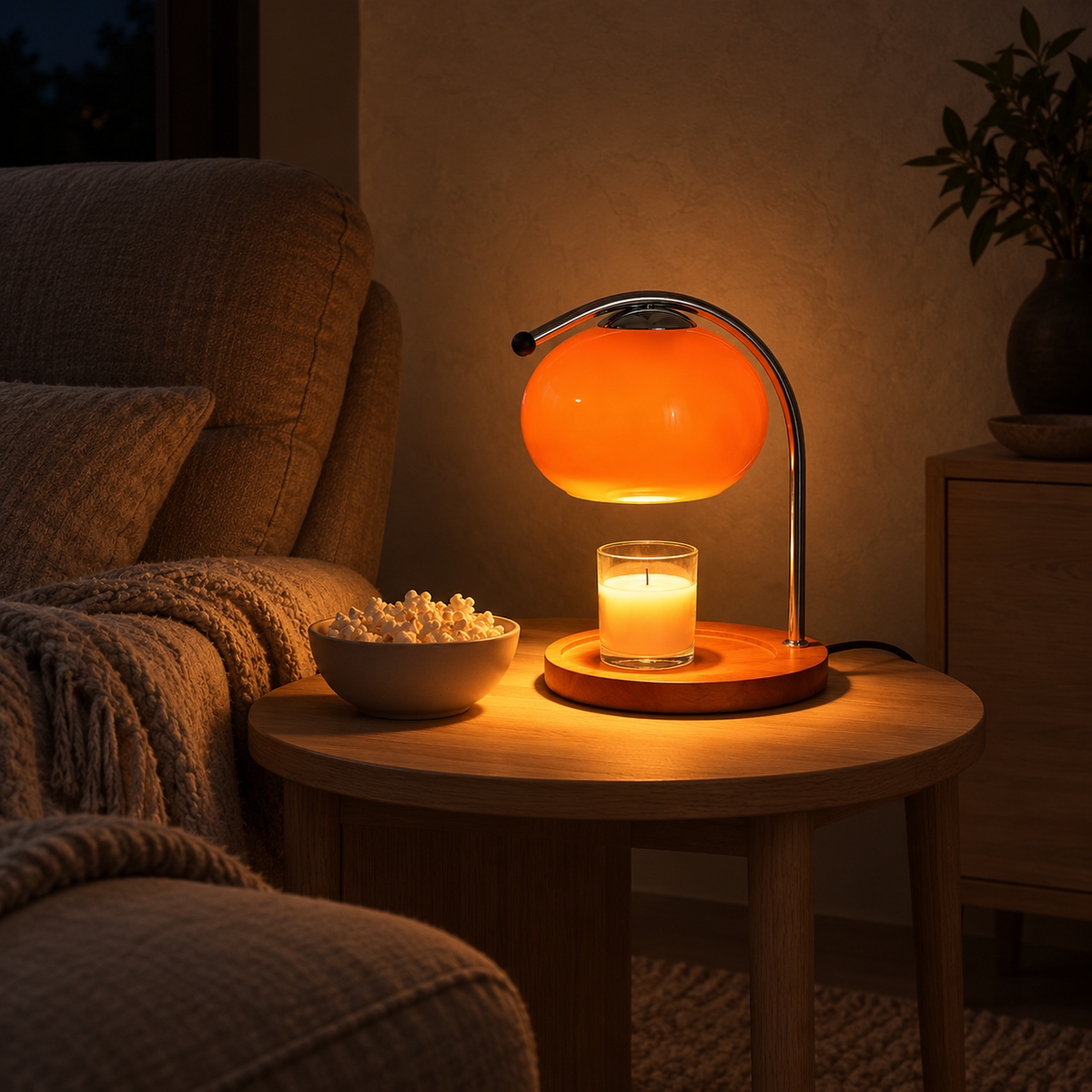 Nevorla orange dimmable table lamp turned down to a low glow for movie night in the den
