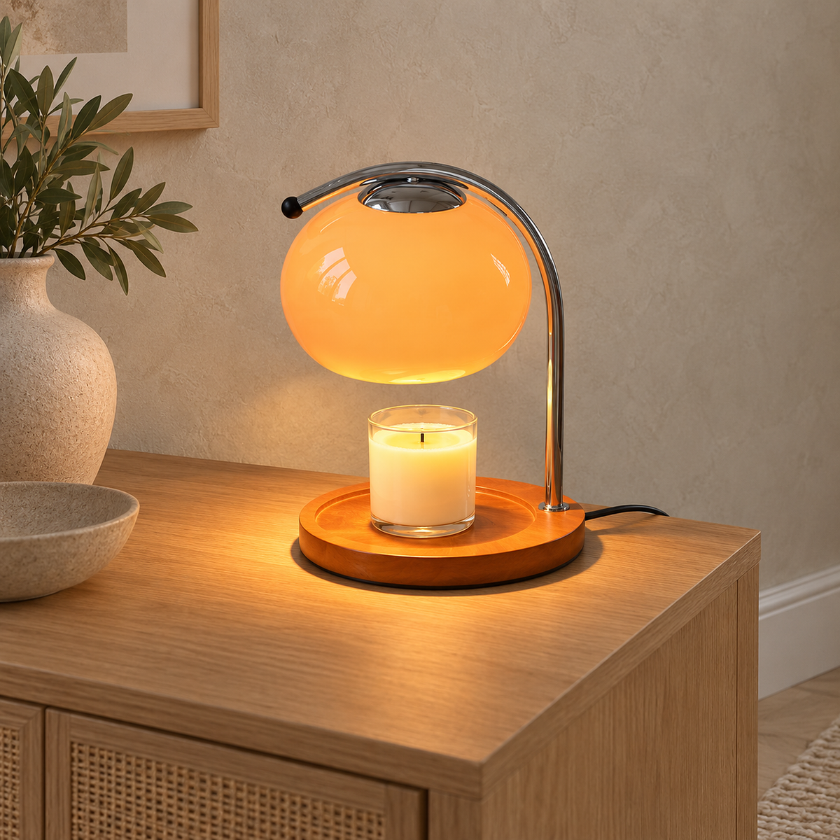 Nevorla orange electric candle warmer lamp lighting melted wax around an unlit wick in a study