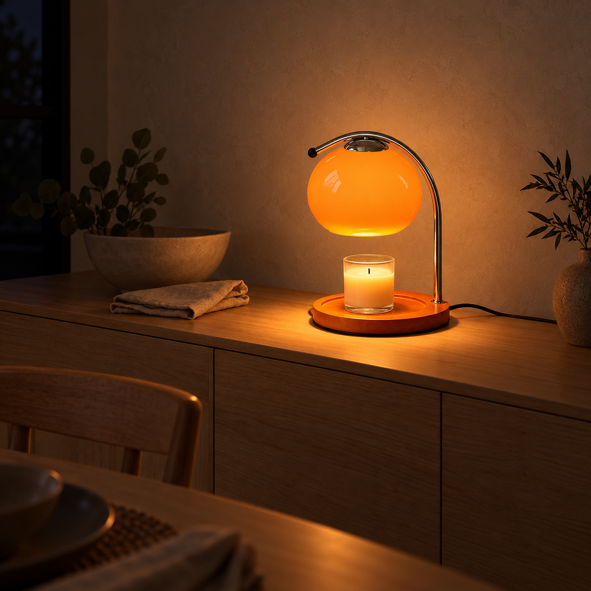 Nevorla orange plug in table lamp and candle warmer glowing on a dining room sideboard at night