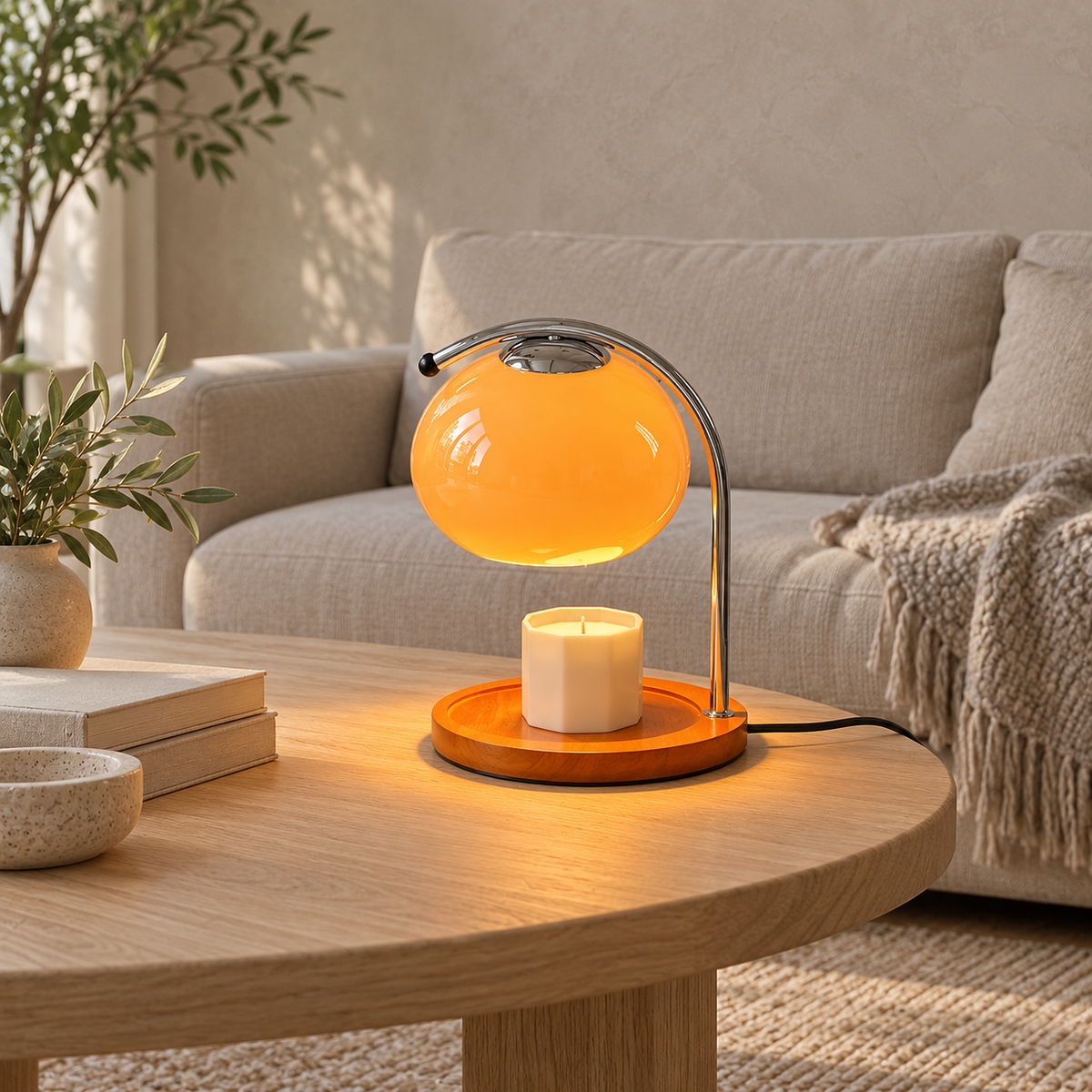 Nevorla orange table lamp and candle warmer on a living room coffee table beside the sofa