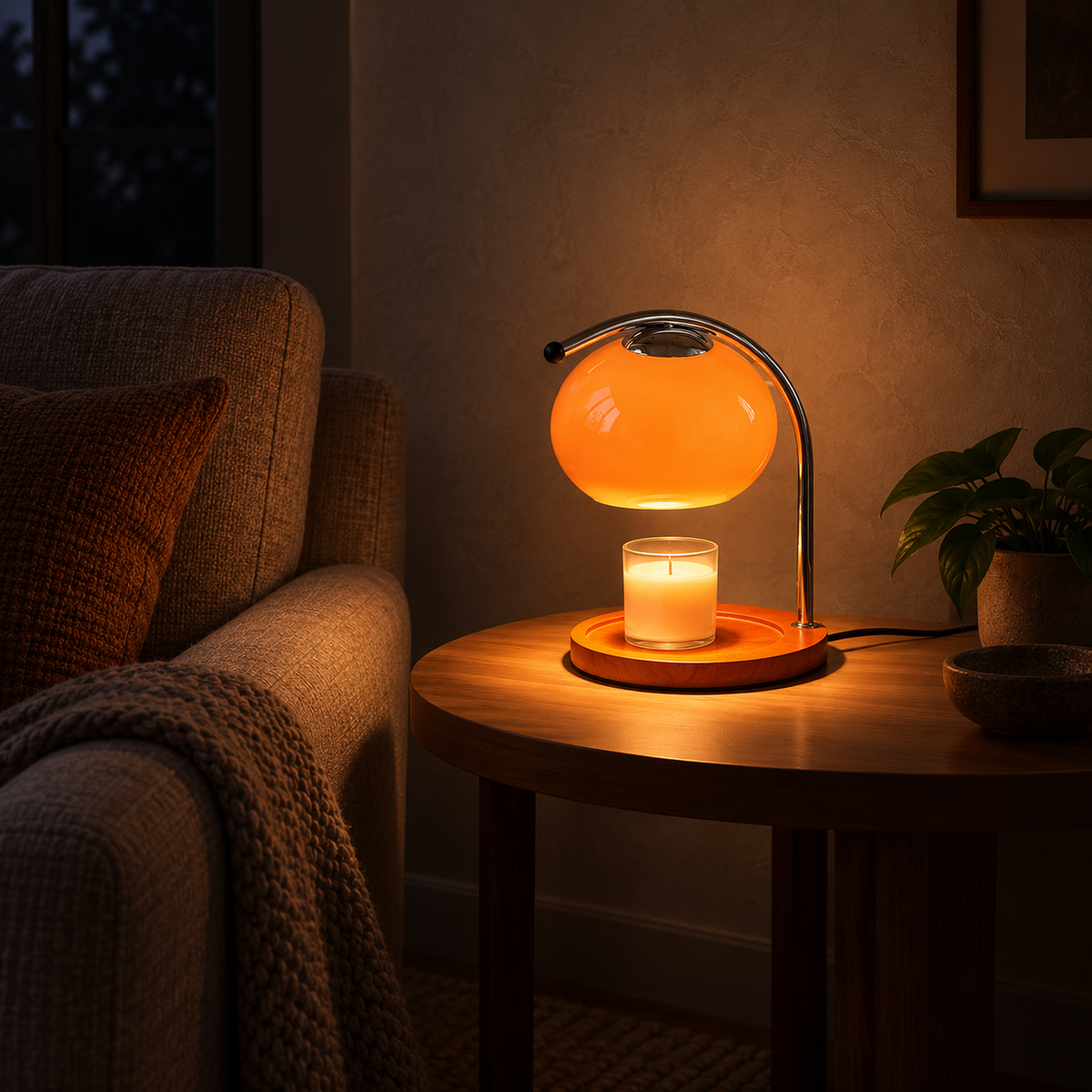 Nevorla orange table lamp and flameless candle warmer glowing in a den at night