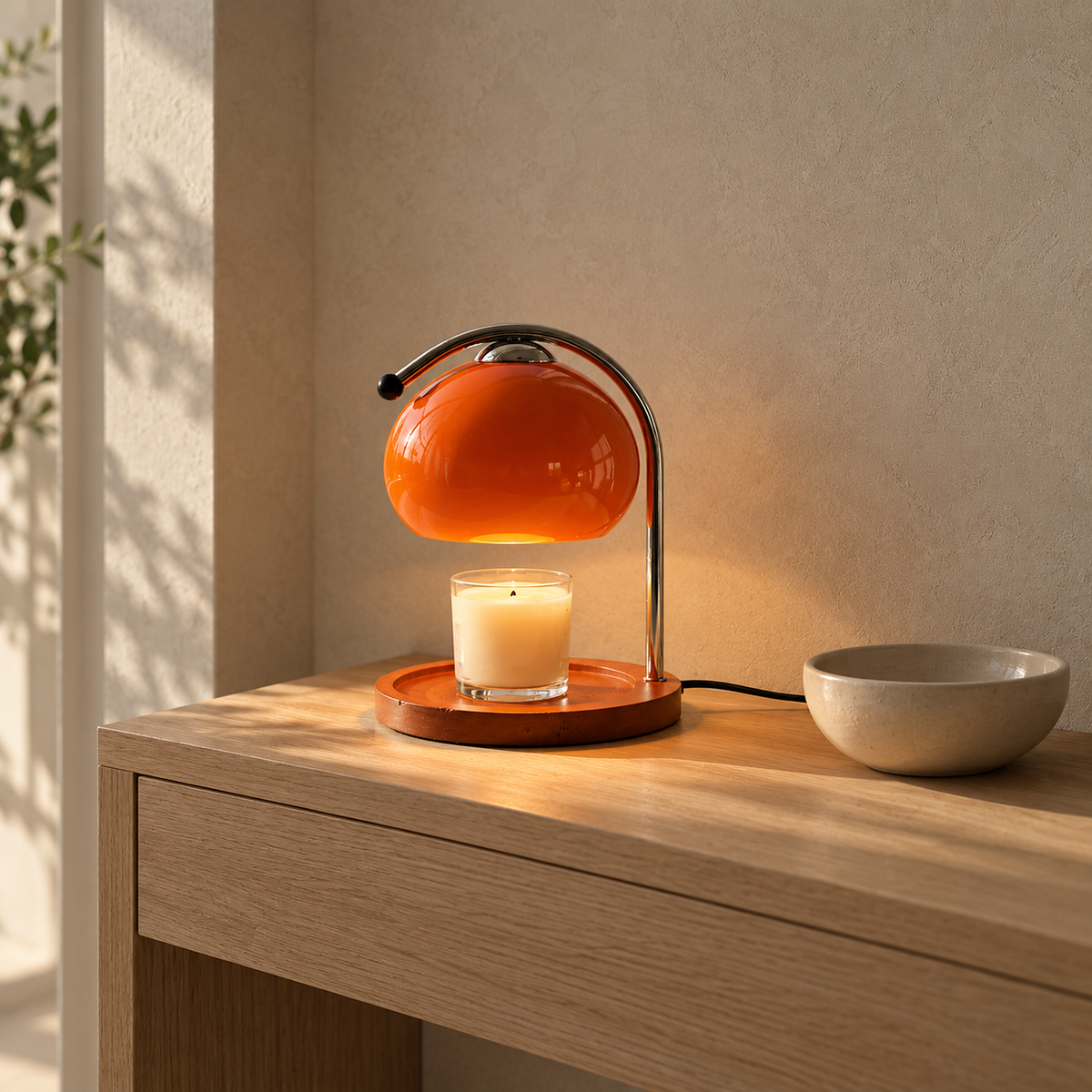 Nevorla red candle warmer lamp glowing on a pale console in an entryway #color_red