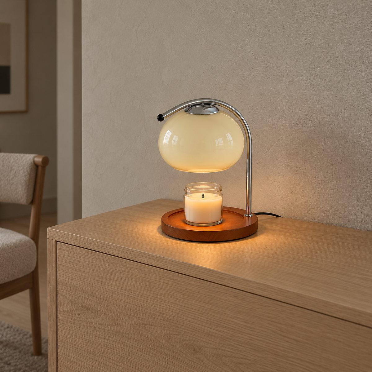 Nevorla white bedside lamp and candle warmer directing light onto wax beneath its glass shade #color_white