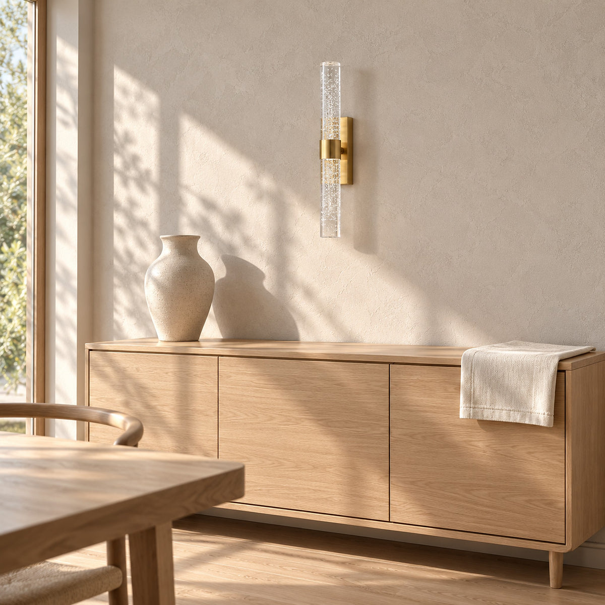 Nimarlo gold battery operated wall sconce unlit in direct daylight on a dining room wall