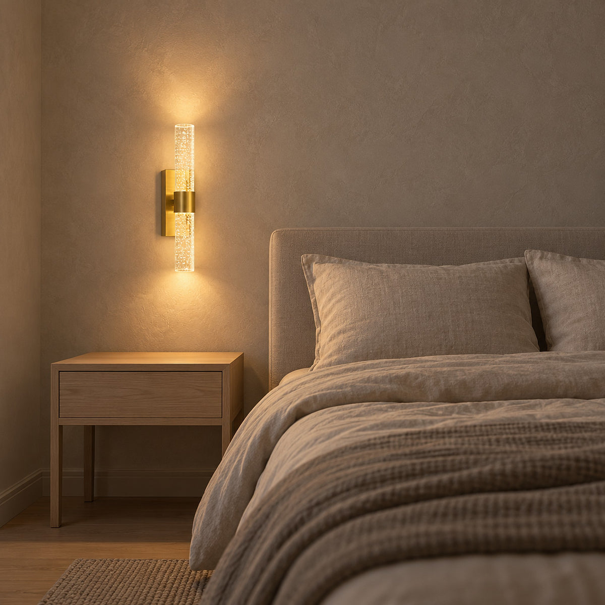 Nimarlo gold bedside wall light glowing softly beside the pillows, dimmed low in a bedroom