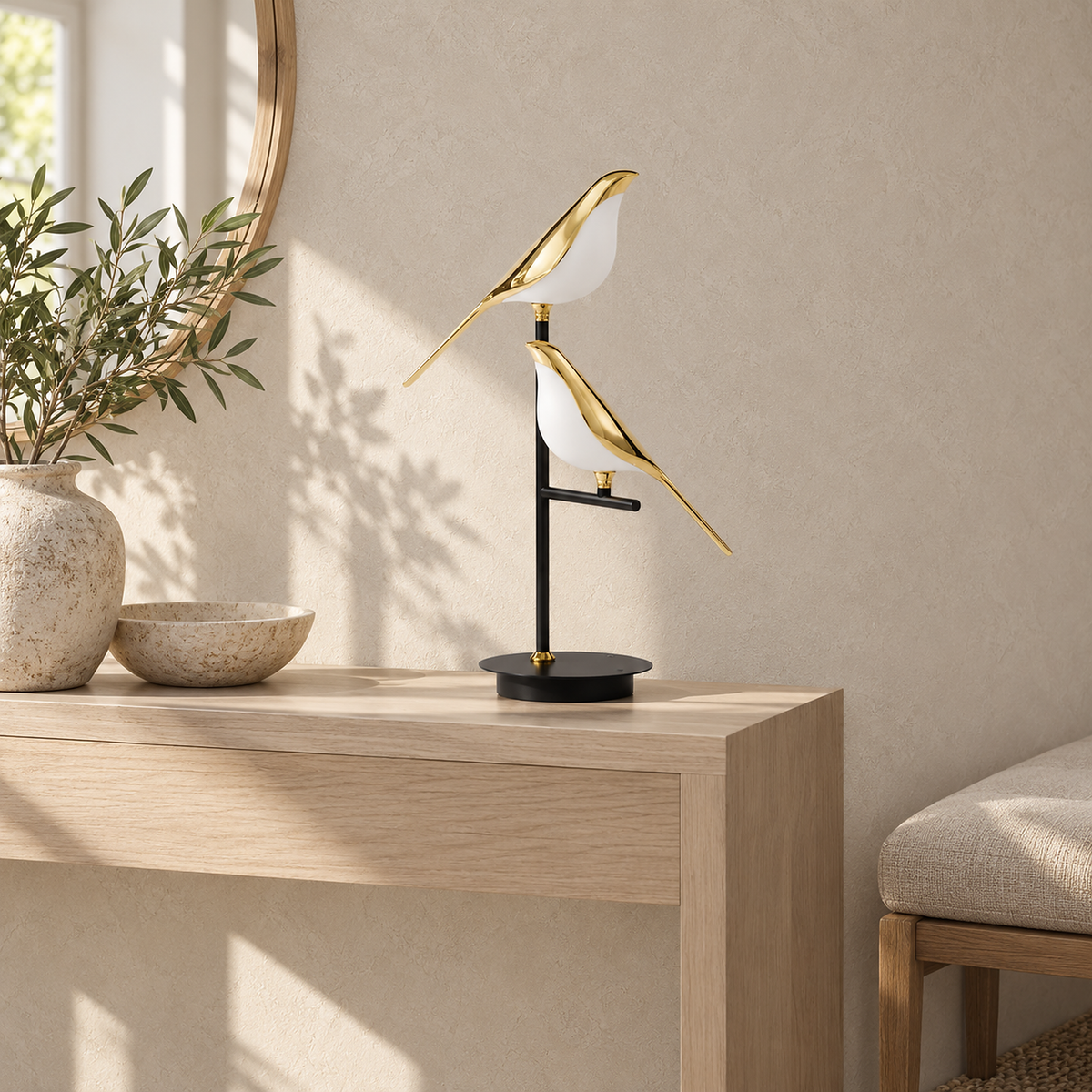 Nirelta black and gold bedside lamp standing unlit in a sunny entryway