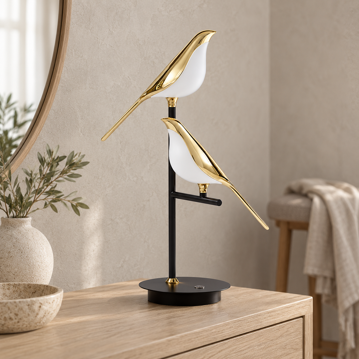 Nirelta black and gold two bird table lamp in close view showing the unlit birds and their white and gold finish