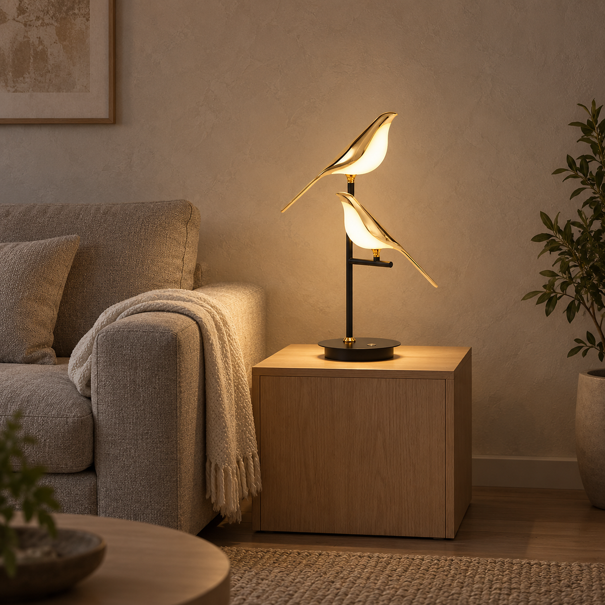 Nirelta black and gold LED desk lamp glowing beside a living room sofa