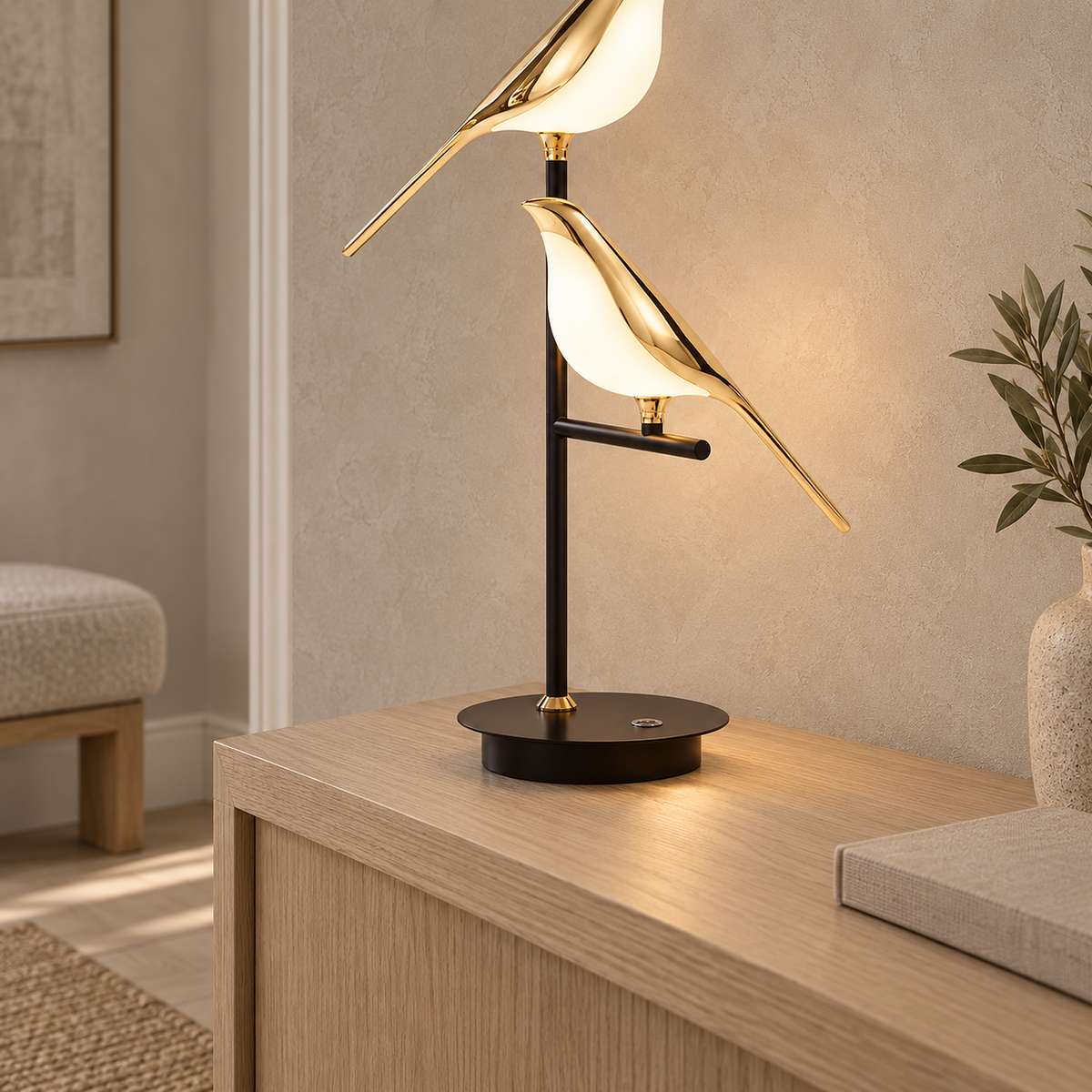 Nirelta black and gold table lamp lit in a bright entryway, close view of its round black base
