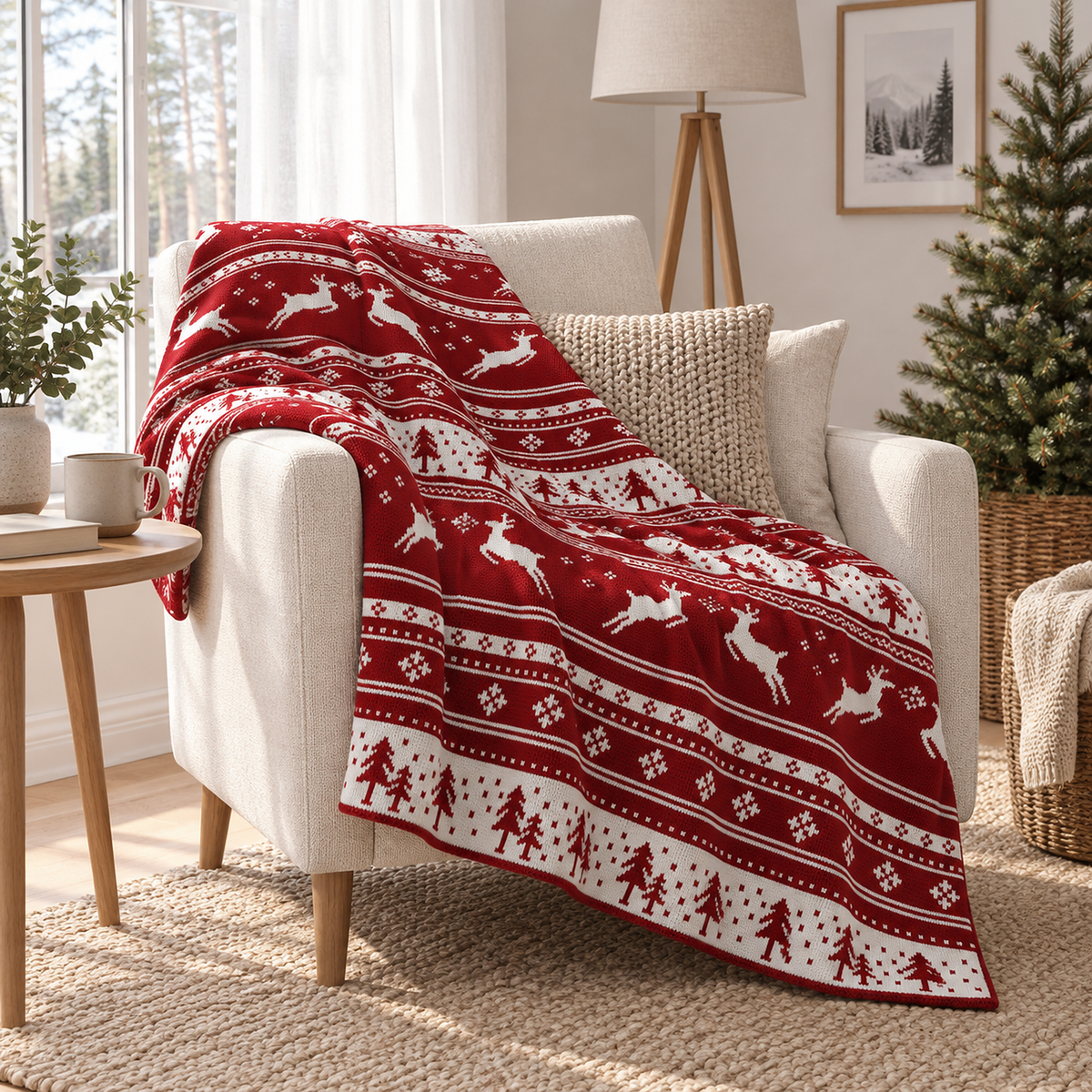 Nisarel crimson ivory christmas throw blanket falling over the arm of a reading chair in a library corner