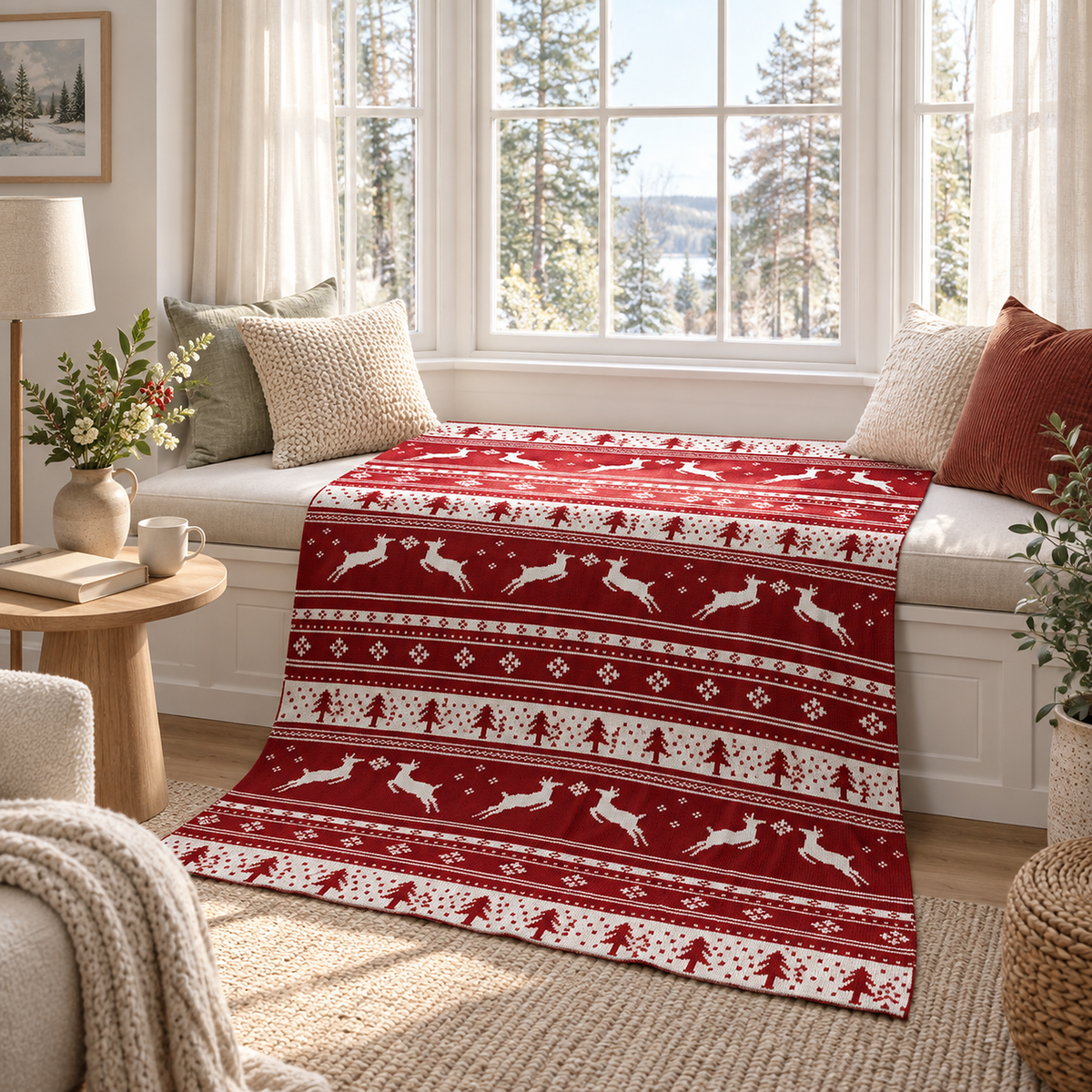 Nisarel crimson ivory knit throw blanket draped over a cushioned bay window seat