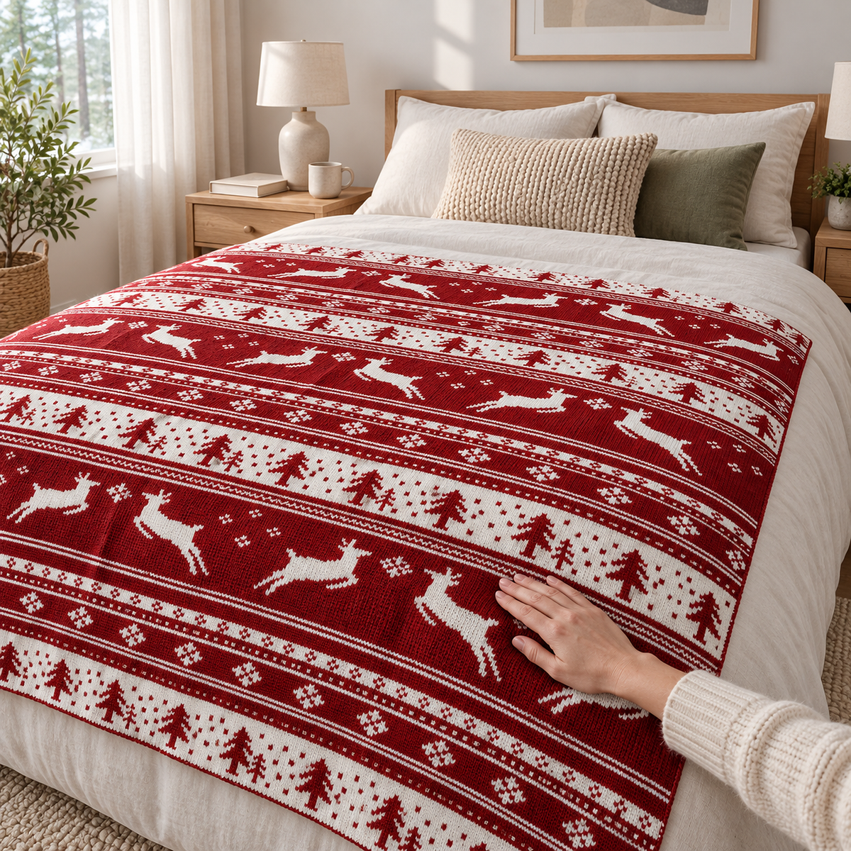 Nisarel crimson ivory knit throw blanket being smoothed by a hand across its knitted surface