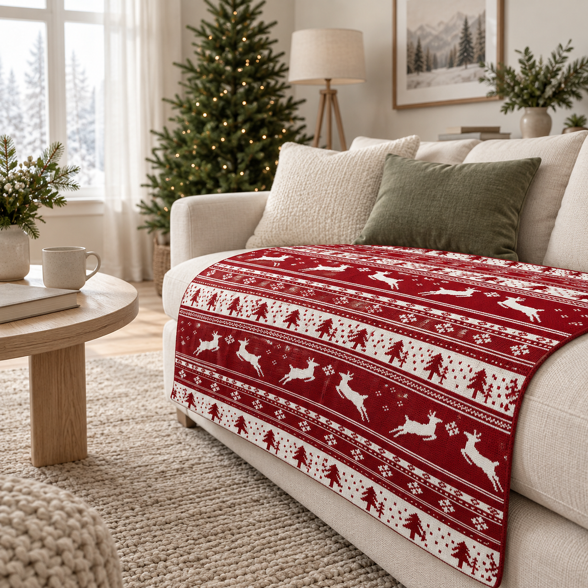 Nisarel crimson ivory throw blanket showing a close view of its knitted acrylic fabric and narrow edge