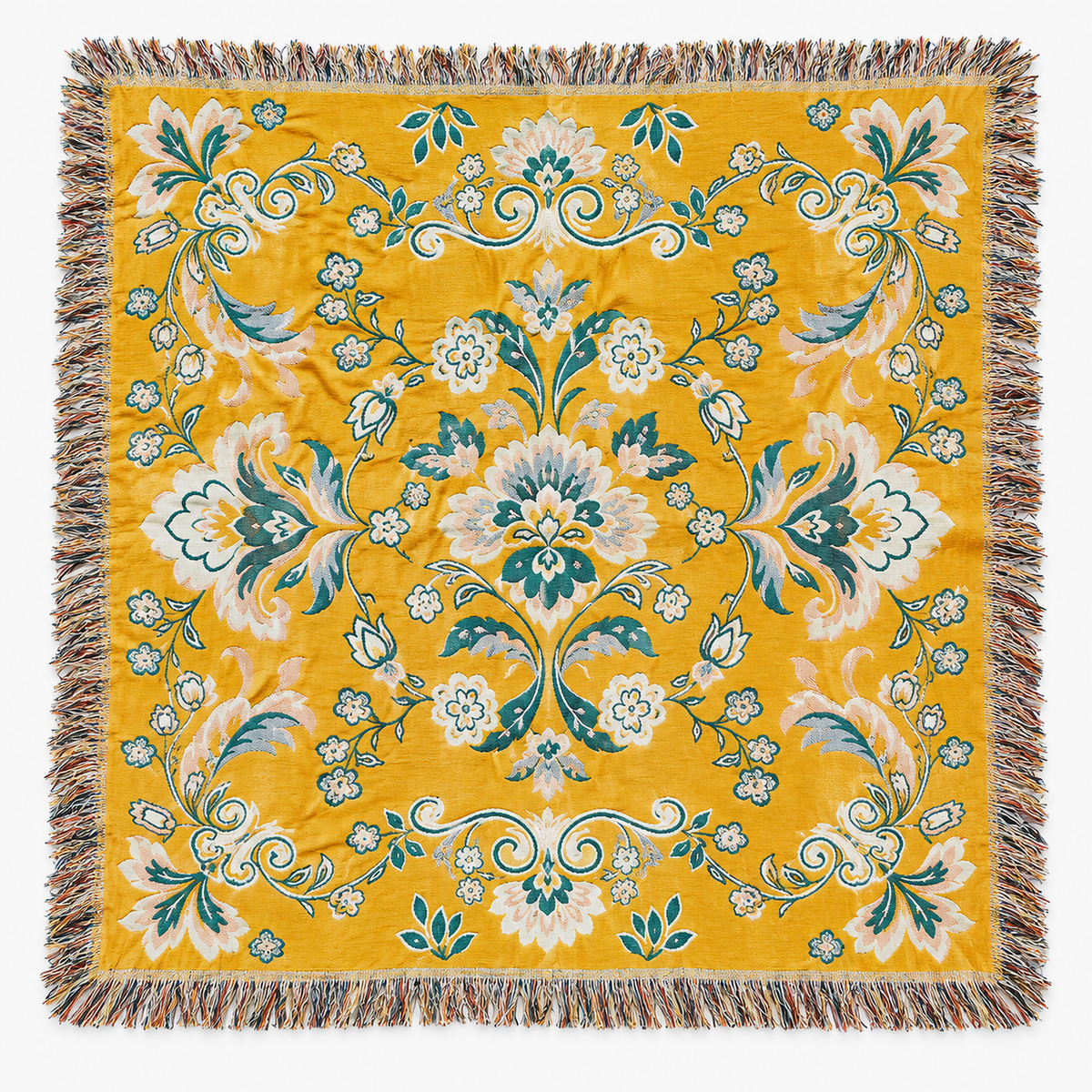 Nivarel cotton muslin blanket in yellow, laid open to show its yarn dyed pattern and fringed edges
