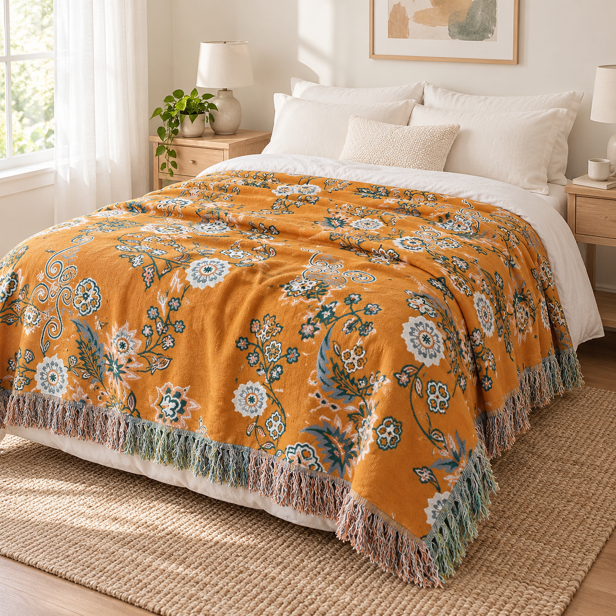 Nivarel orange cotton throw blanket spread across a full bed in a bright daylit bedroom #color_orange