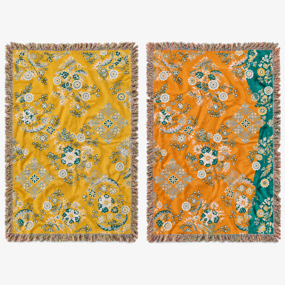 Nivarel yellow and orange throw blankets laid side by side to compare both colors