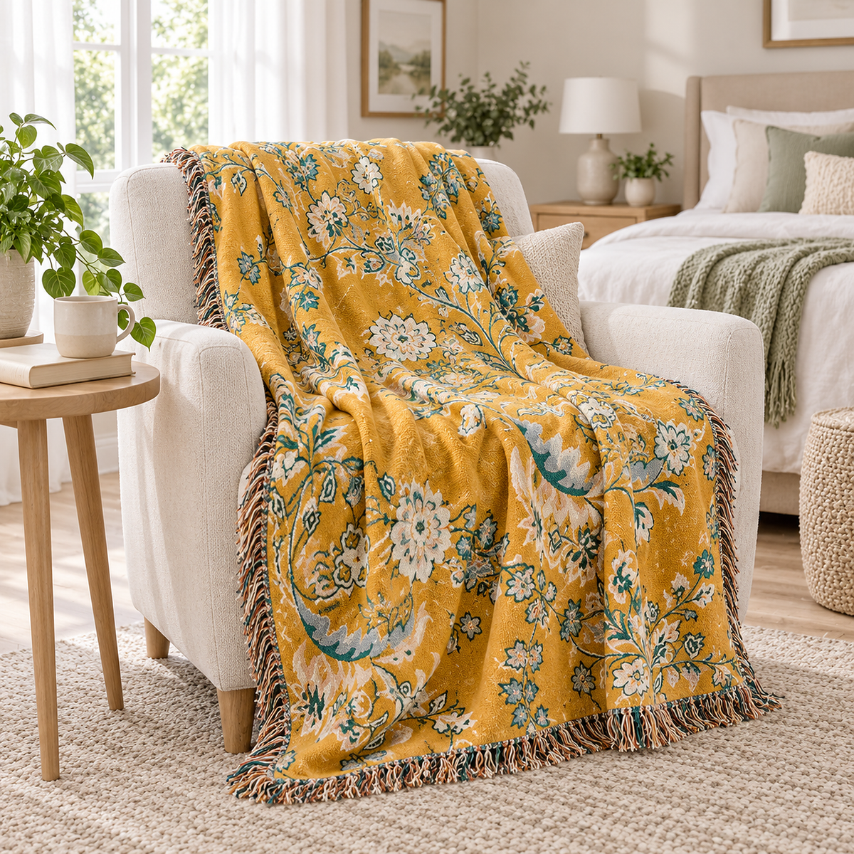 Nivarel yellow cotton muslin blanket draped open over an armchair in an attic bedroom alcove
