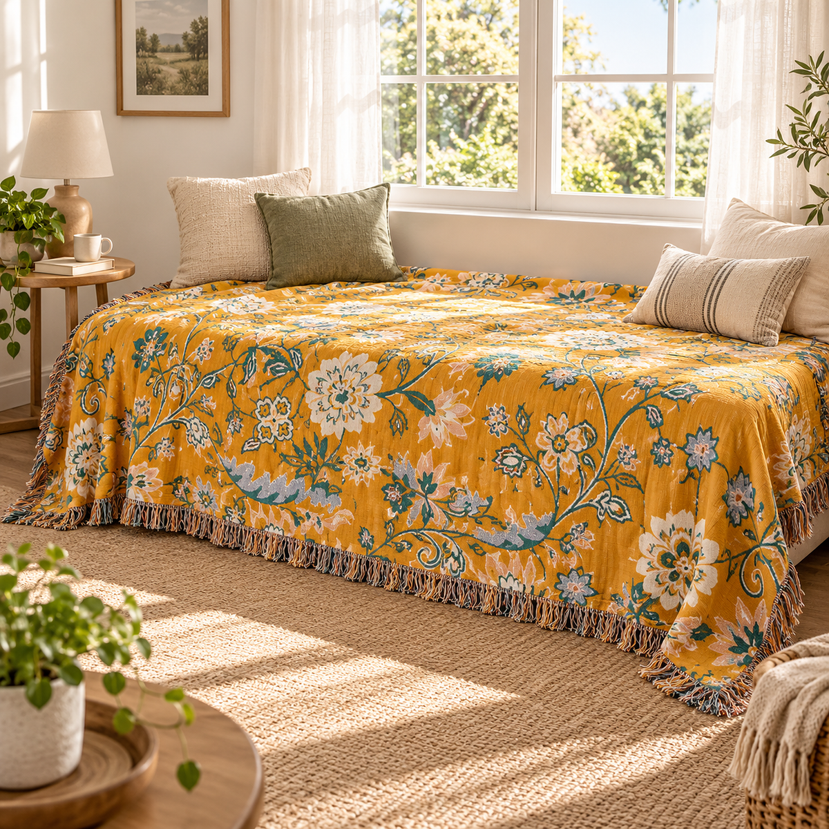 Nivarel yellow cotton muslin blanket open across a made daybed in a bright sunroom