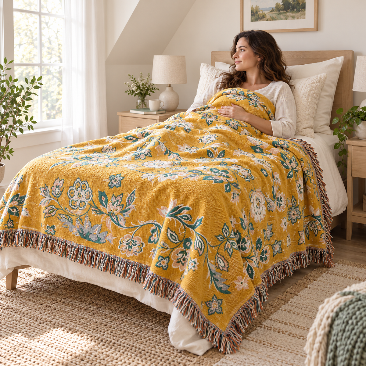 Nivarel yellow cotton throw blanket covering an adult resting in bed in an airy attic bedroom