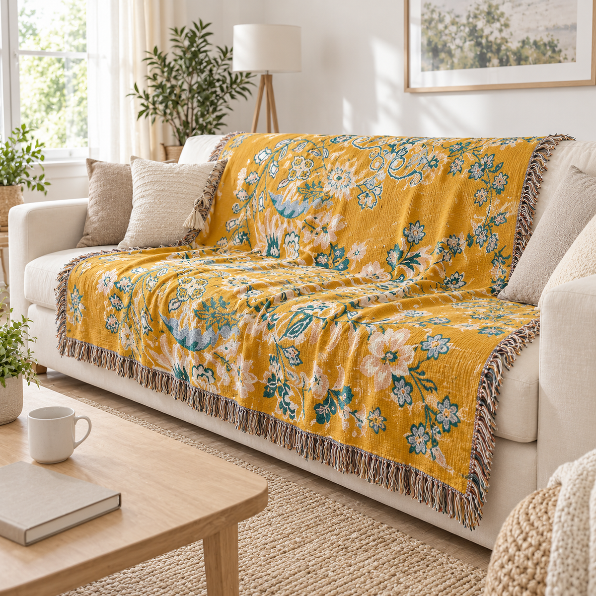 Nivarel yellow cotton throw blanket used as a loose sofa cover in a bright living room