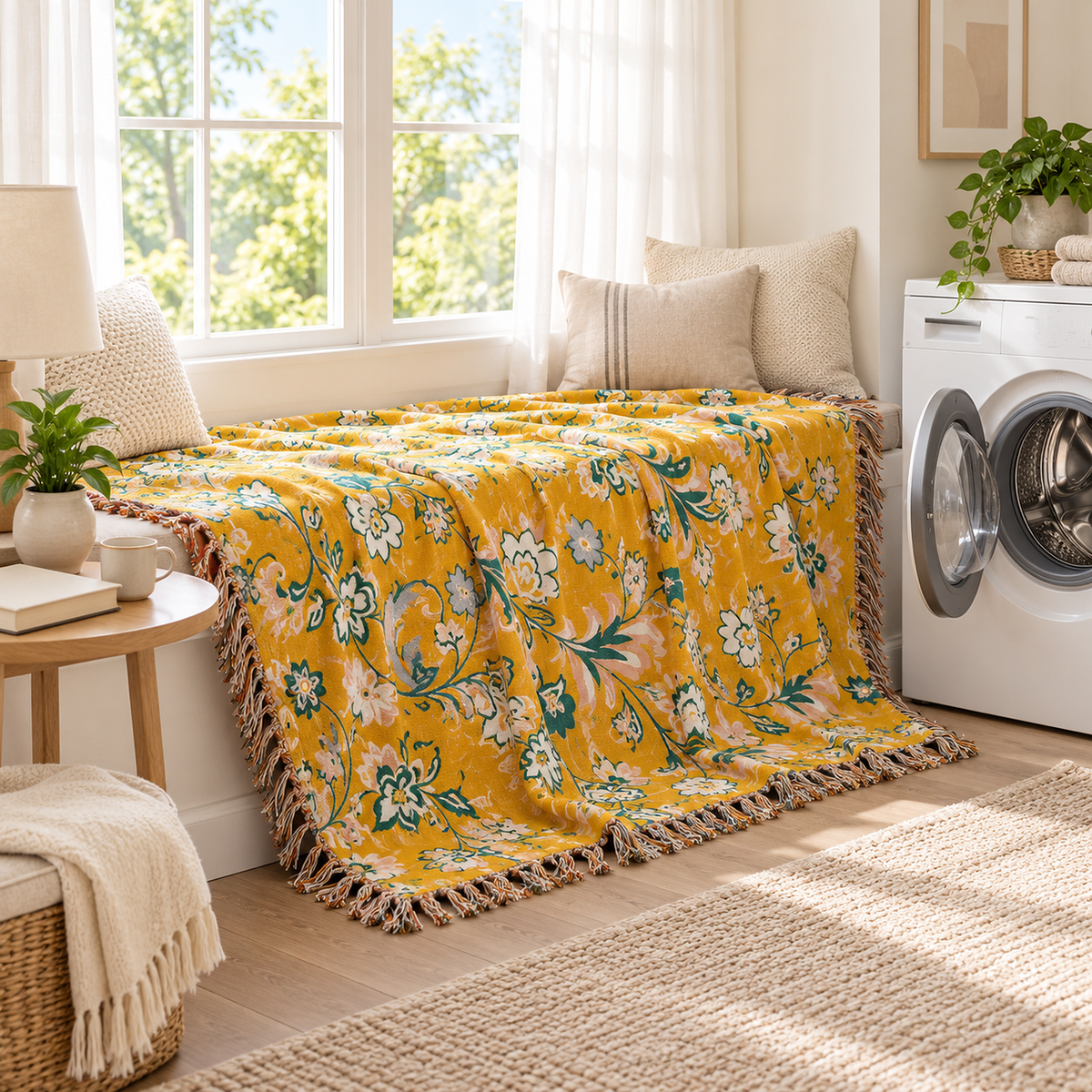 Nivarel yellow queen size blanket in machine washable combed cotton beside a household washer