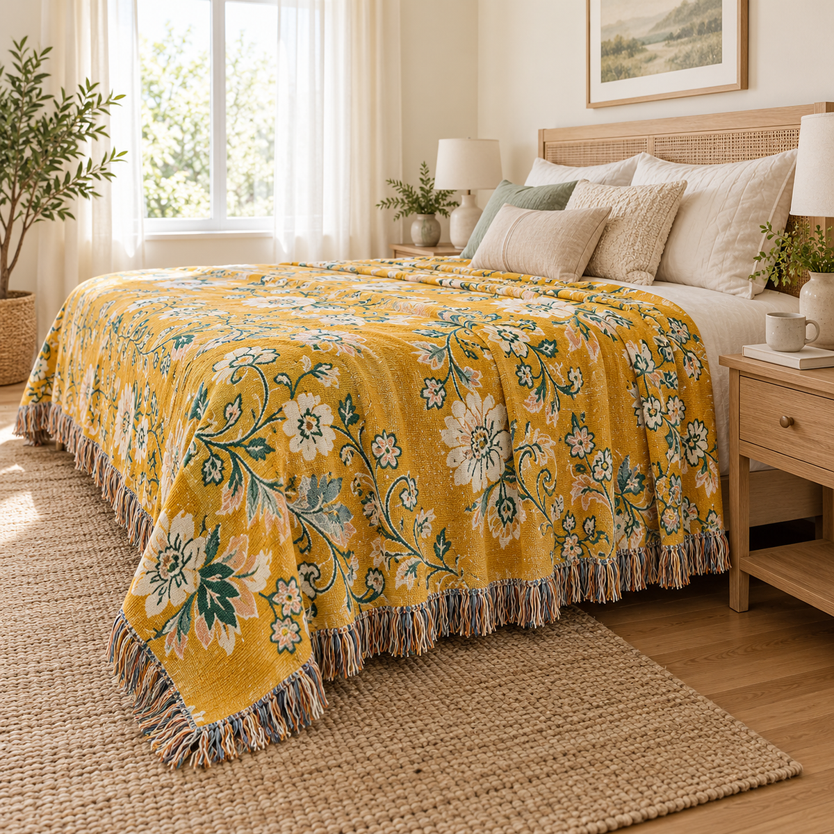 Nivarel yellow queen size blanket on a queen bed in a guest room with a deep side drop