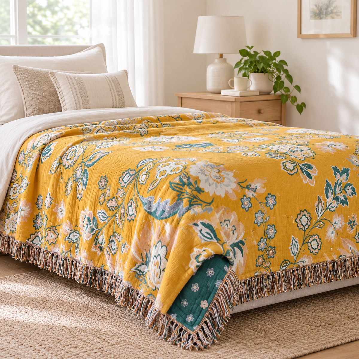 Nivarel yellow reversible cotton throw blanket with one corner folded back to show the other side