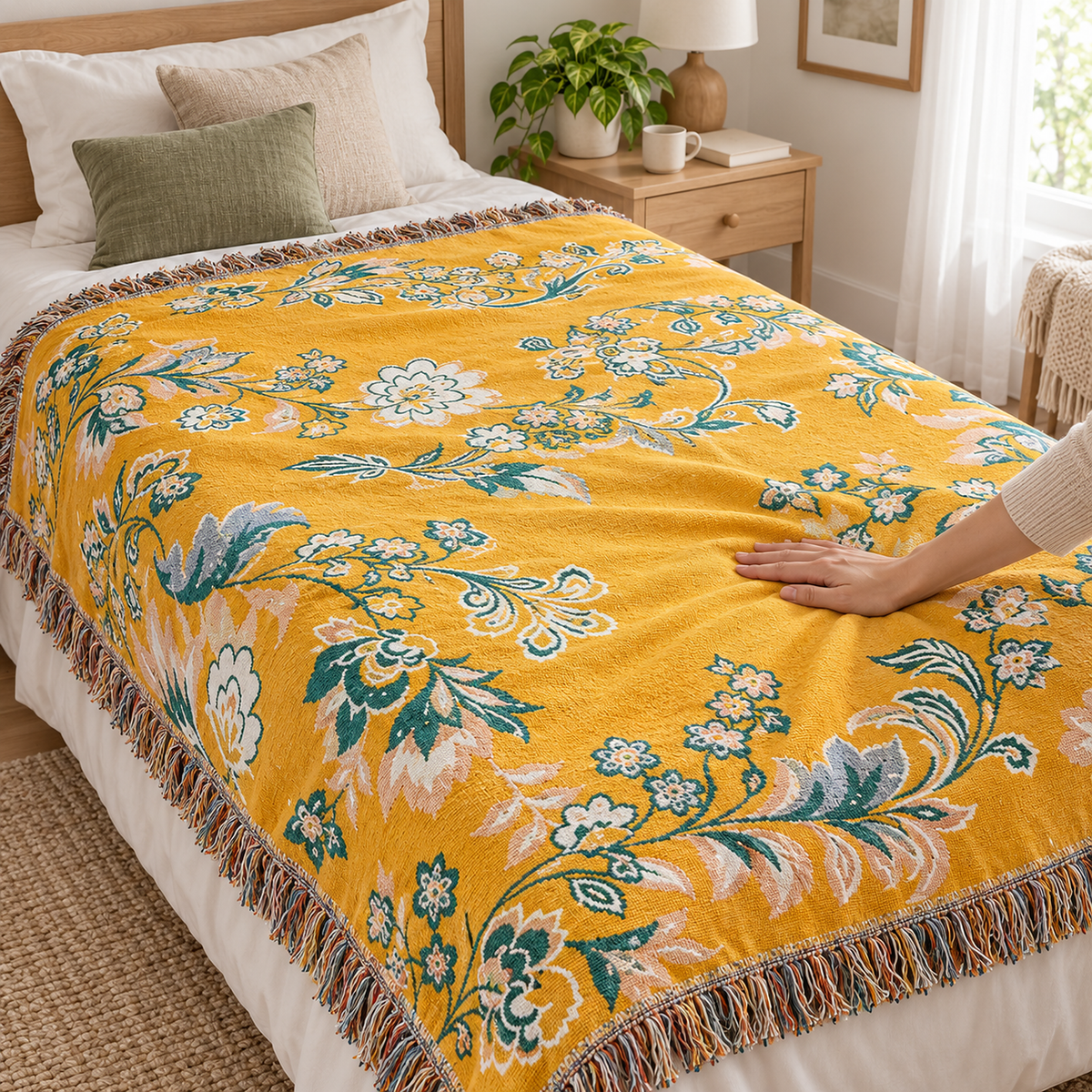 Nivarel yellow cotton throw blanket being smoothed flat by an adult hand on a twin bed