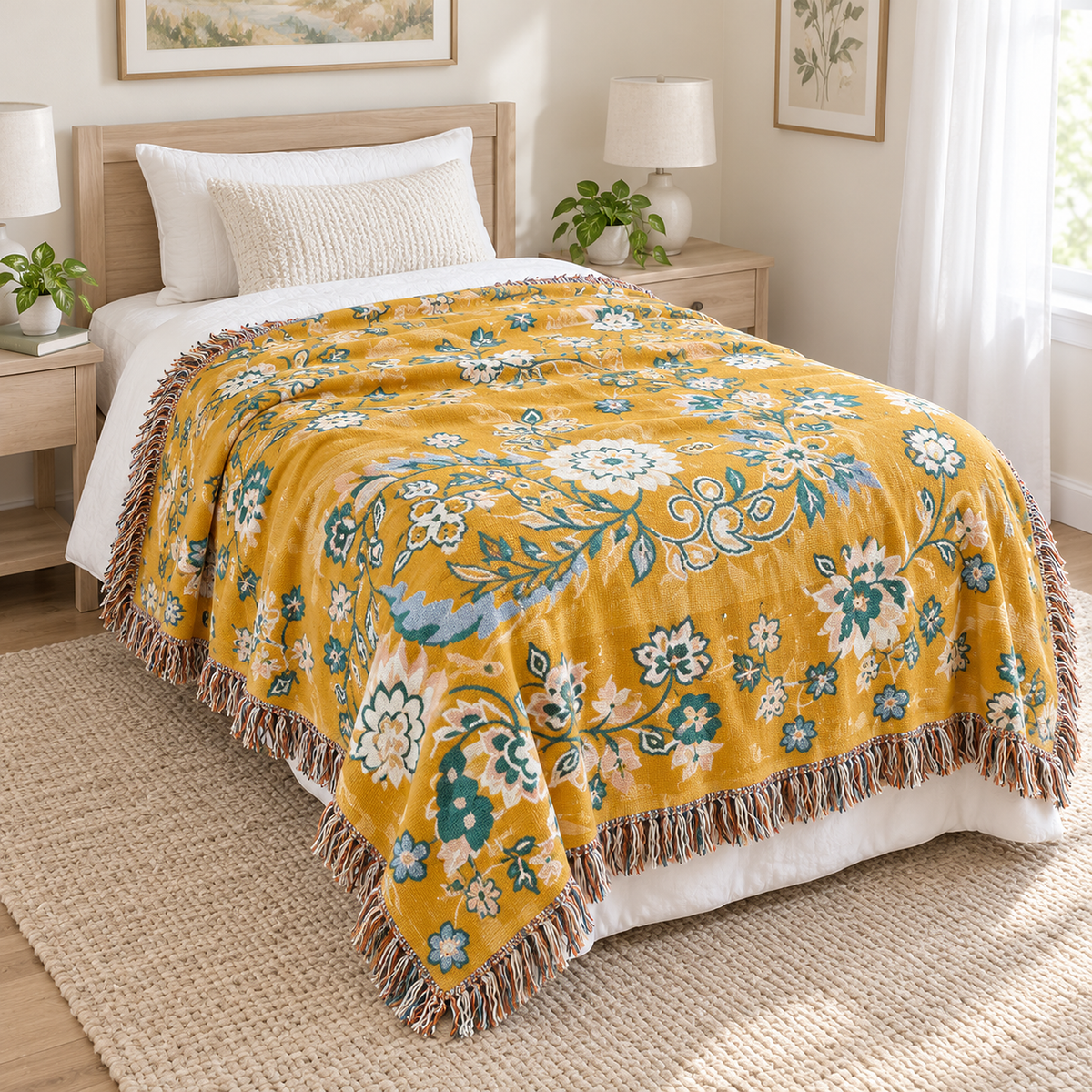 Nivarel yellow cotton throw blanket spread open over a bed in a bright twin bedroom
