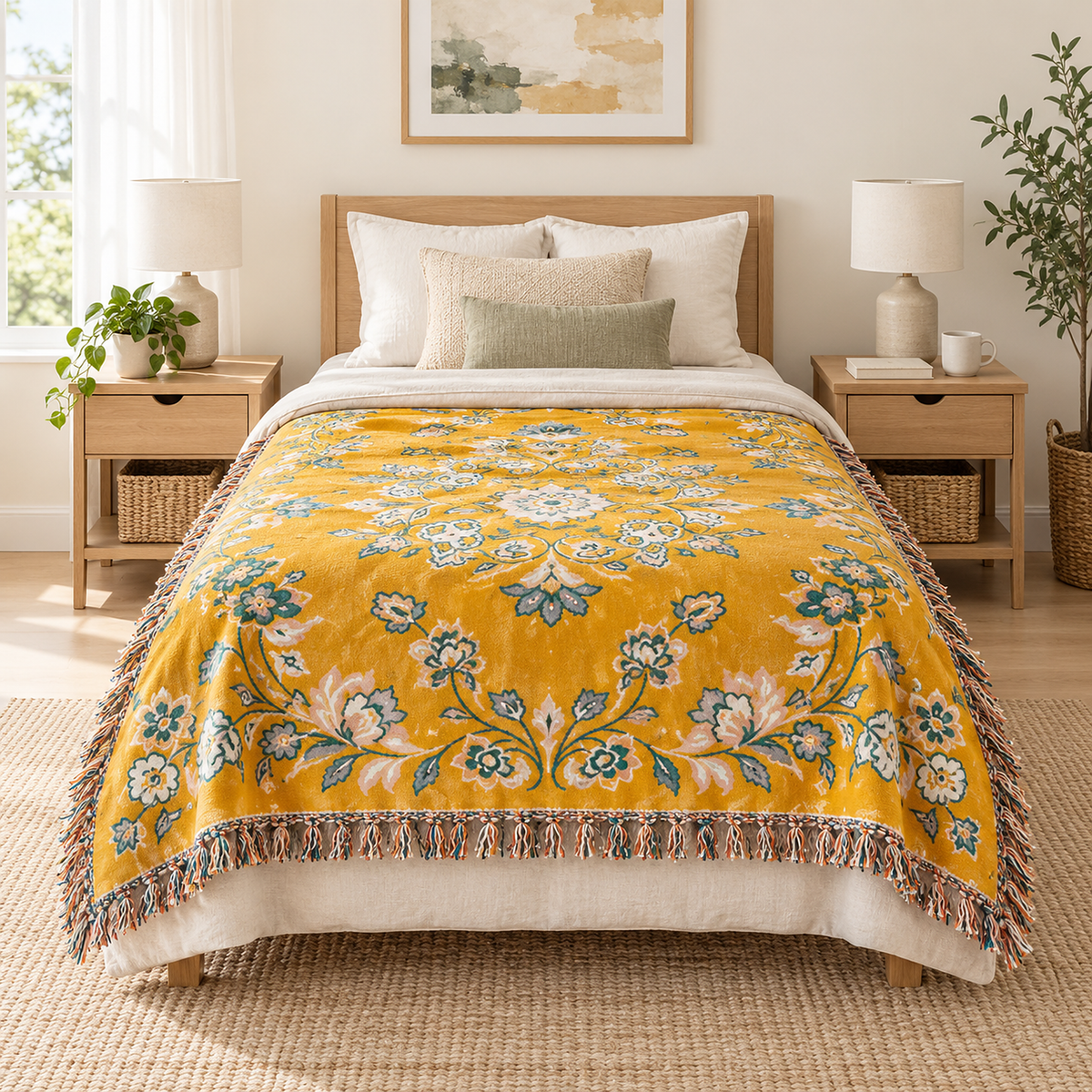 Nivarel yellow throw blanket centered on a twin mattress in a bright bedroom