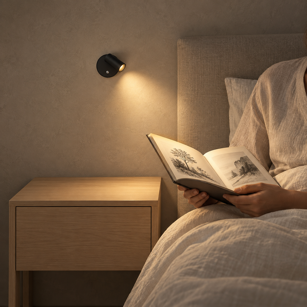 Nocarel black bedside lamp casting warm reading light onto an illustrated book held in bed