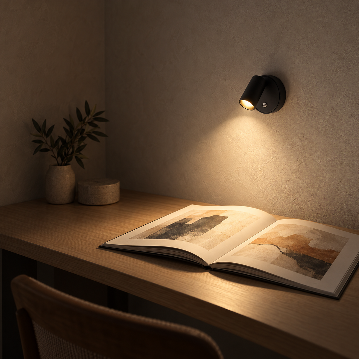 Nocarel black cordless wall lamp directing warm light onto open pages in a study nook at night