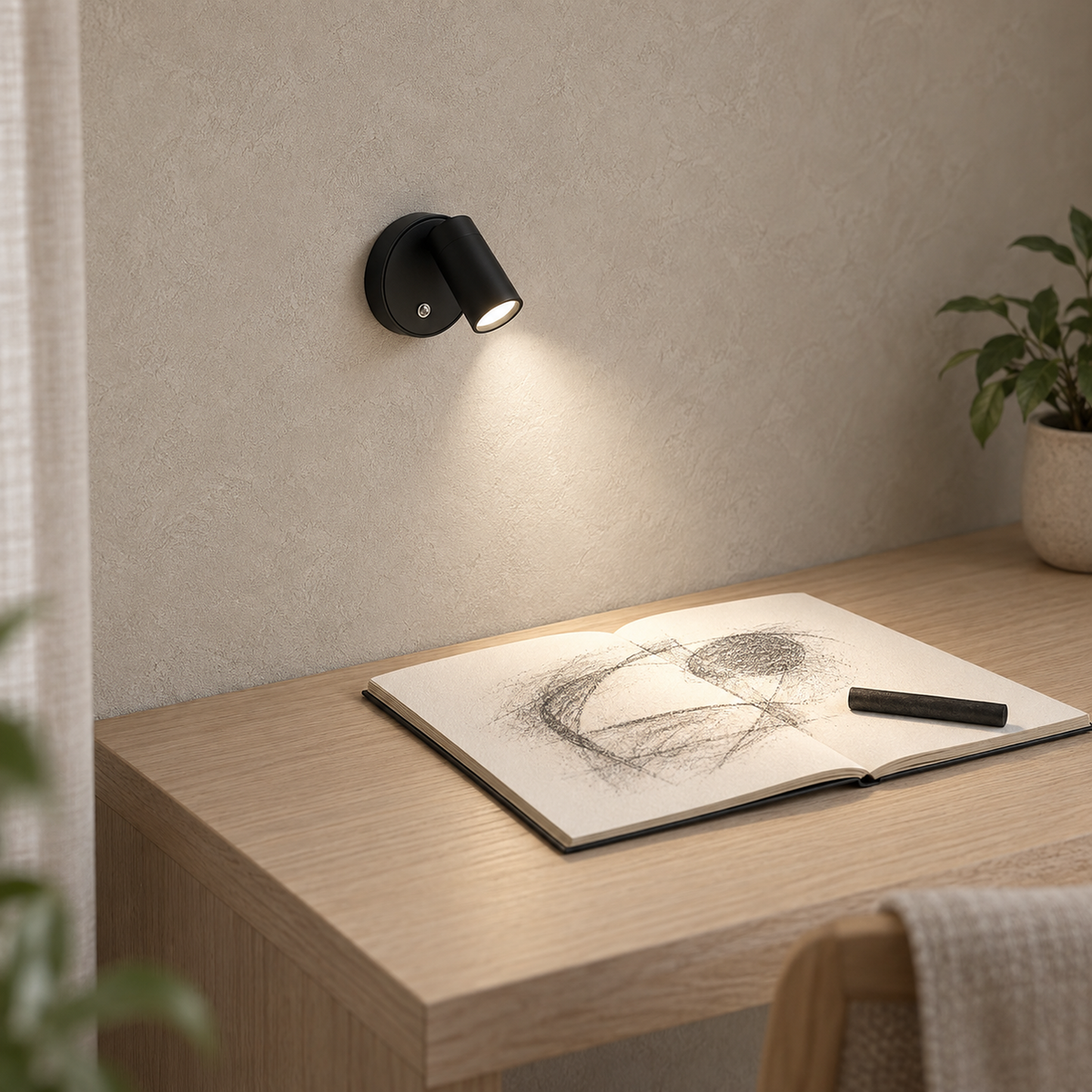 Nocarel black LED wall sconce casting neutral white light onto a monochrome drawing