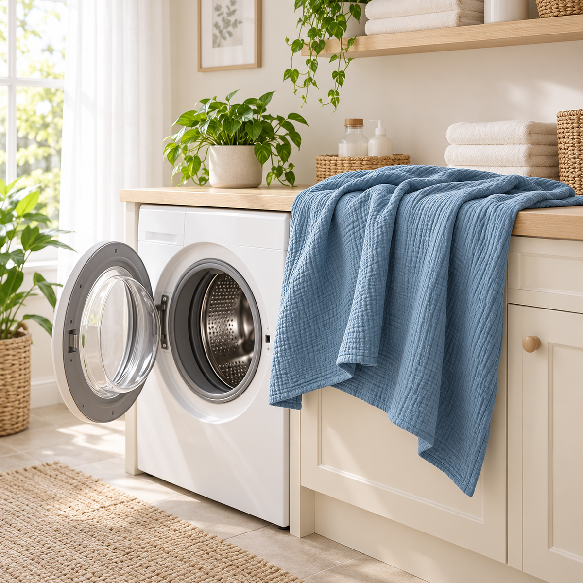 Nolavira blue cotton throw blanket beside an open washing machine, machine washable on cold