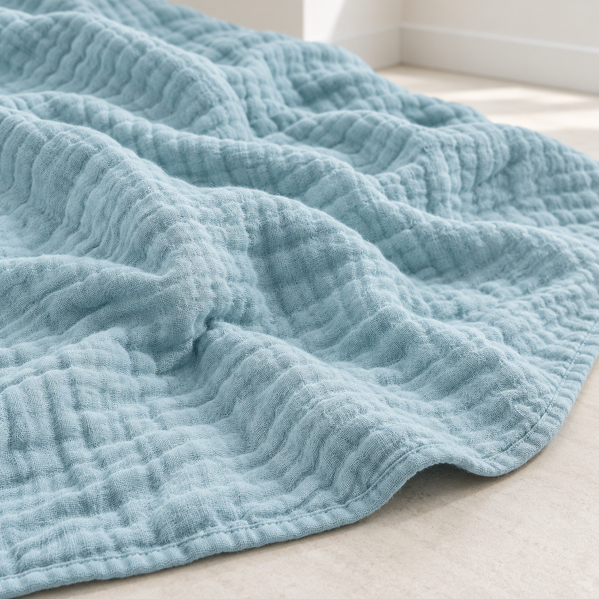 Nolavira blue cotton throw blanket close up of the puckered grid and natural wrinkles in the gauze