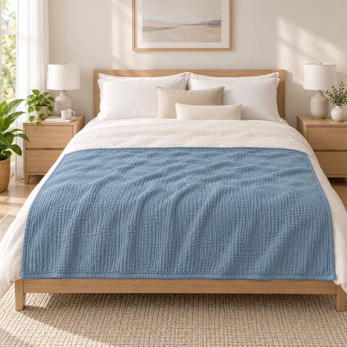 Nolavira blue cotton throw blanket spread open along the foot of a bed in a daylit main bedroom