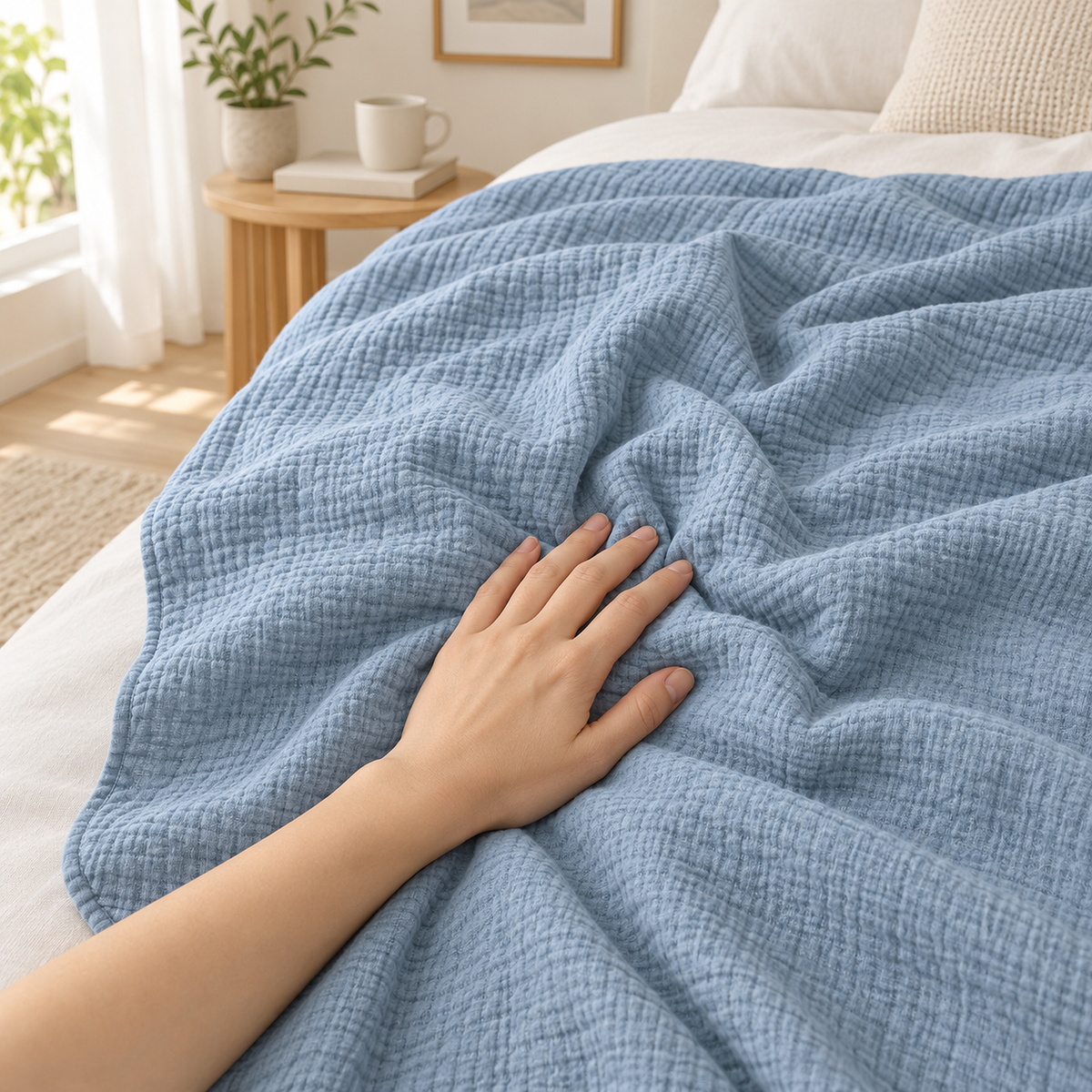 Nolavira blue cotton throw blanket with a hand smoothing its puckered muslin surface