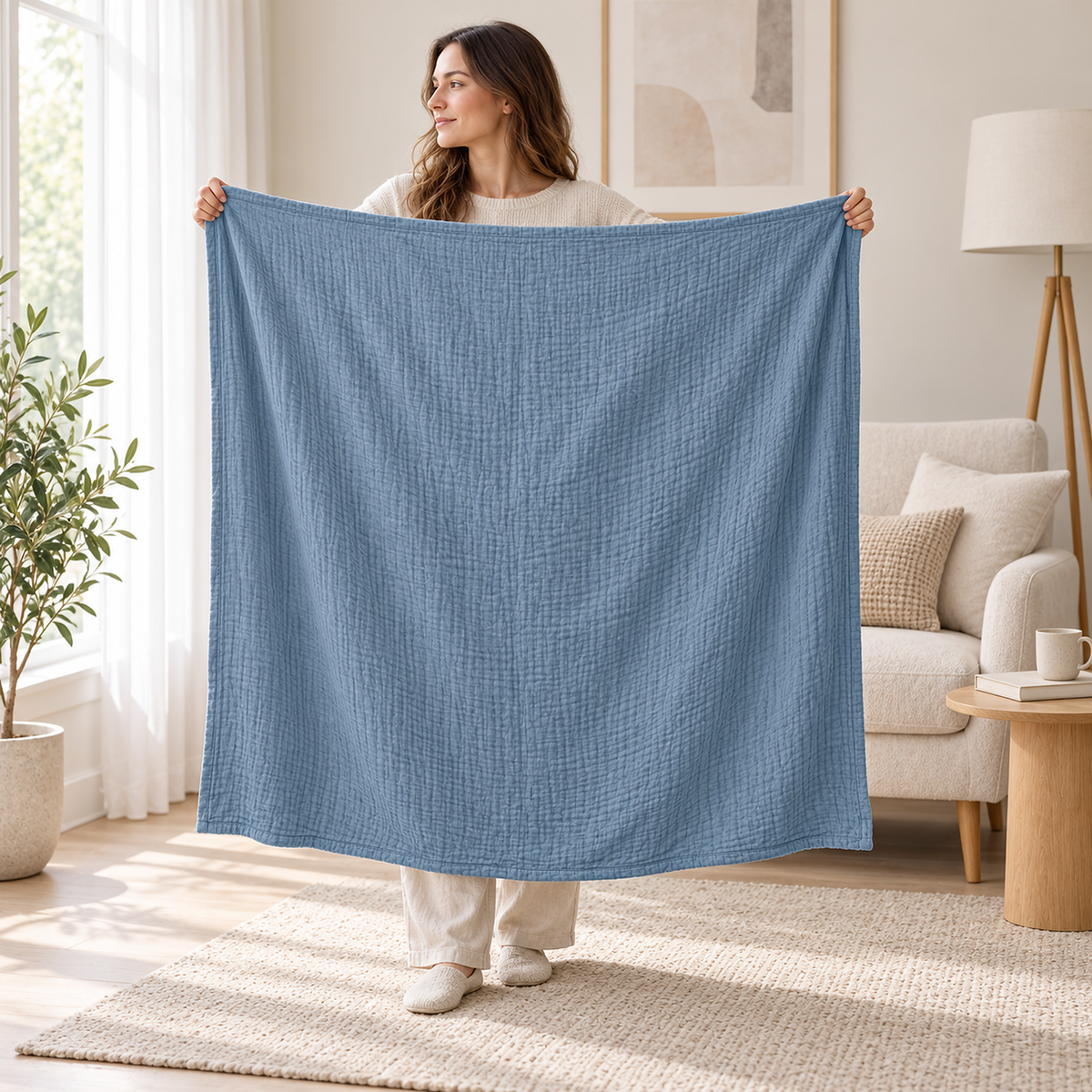 Nolavira blue throw blanket held fully open by a standing adult in a bright dressing area