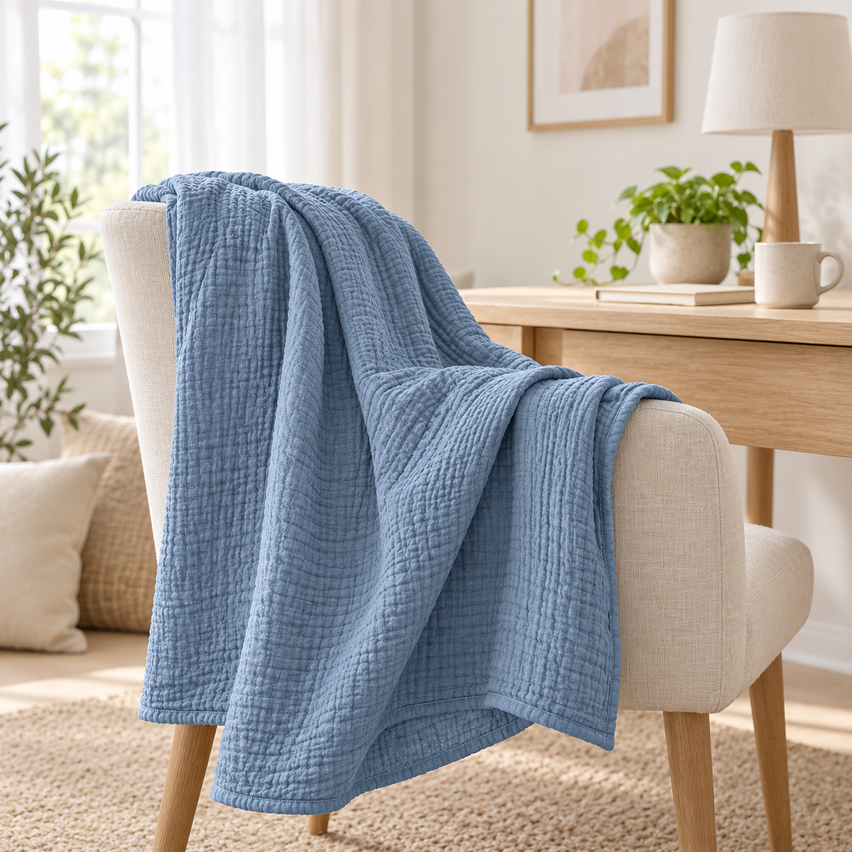 Nolavira blue throw blanket in wrinkled cotton muslin draped over a chair in a window side writing nook