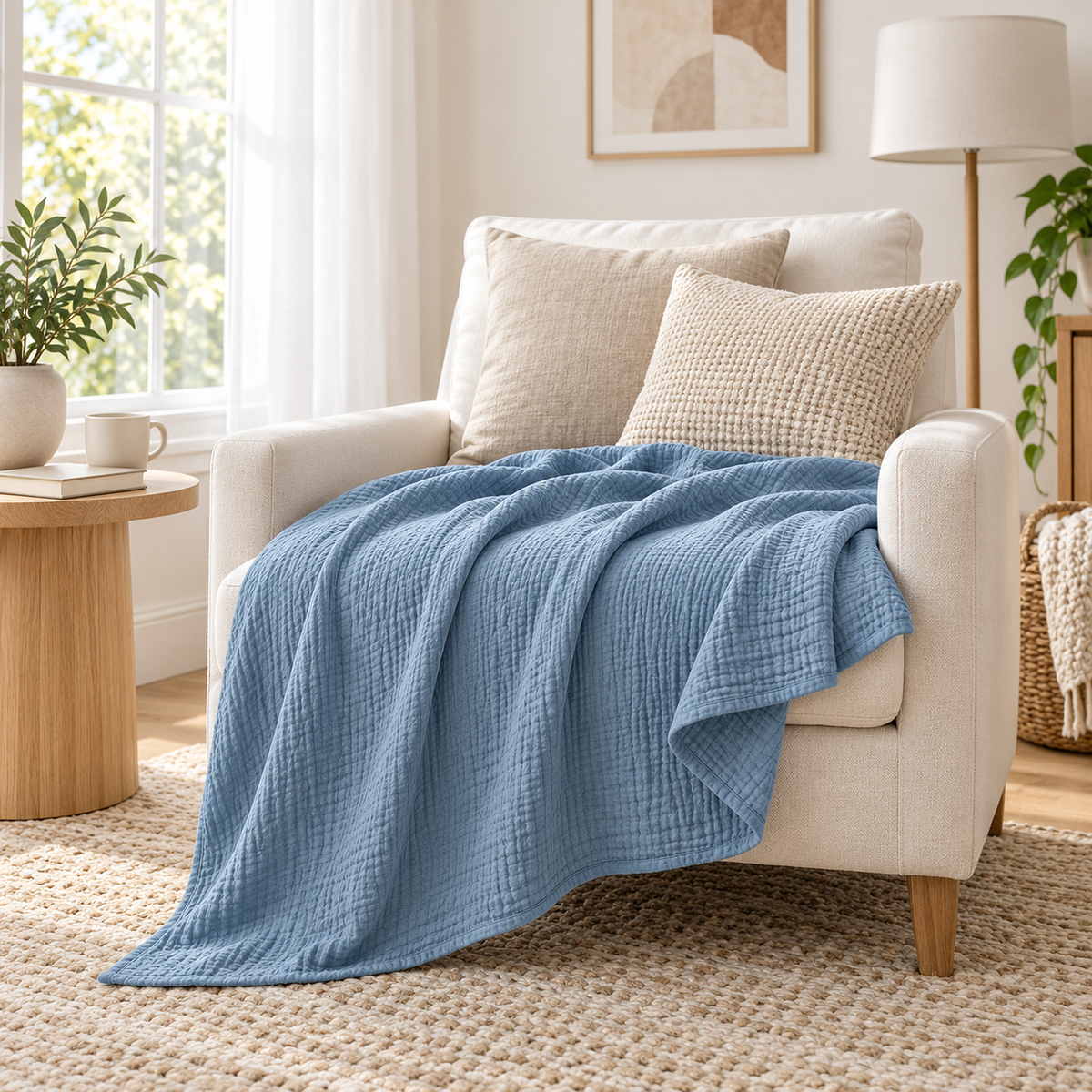 Nolavira blue throw blanket with one corner turned, its cotton muslin resting on an armchair cushion
