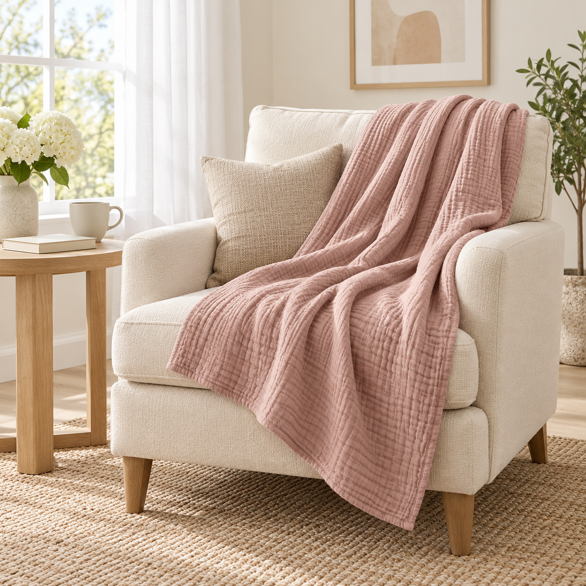 Nolavira pink throw blanket draped ready on an ivory armchair in a bright guest sitting room #color_pink