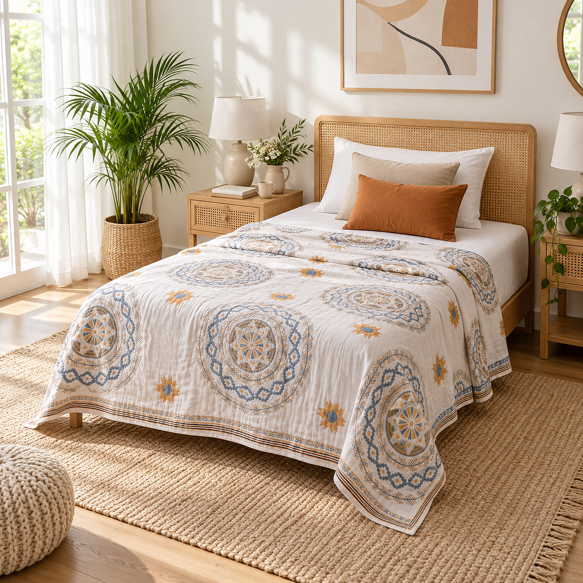 Nolemi multicolor cotton gauze blanket as a light summer layer on a twin bed in a bright bedroom