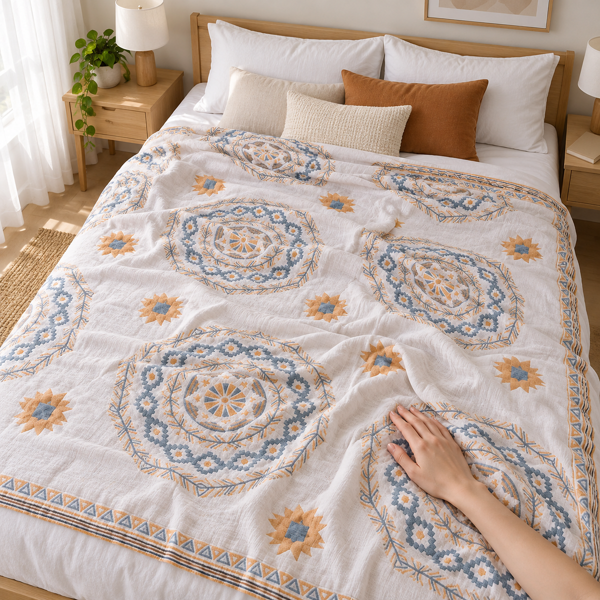 Nolemi multicolor cotton gauze blanket being smoothed by hand across a twin bed