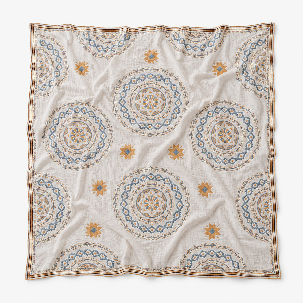 Nolemi multicolor cotton throw blanket in gauze laid open to show the complete medallion design