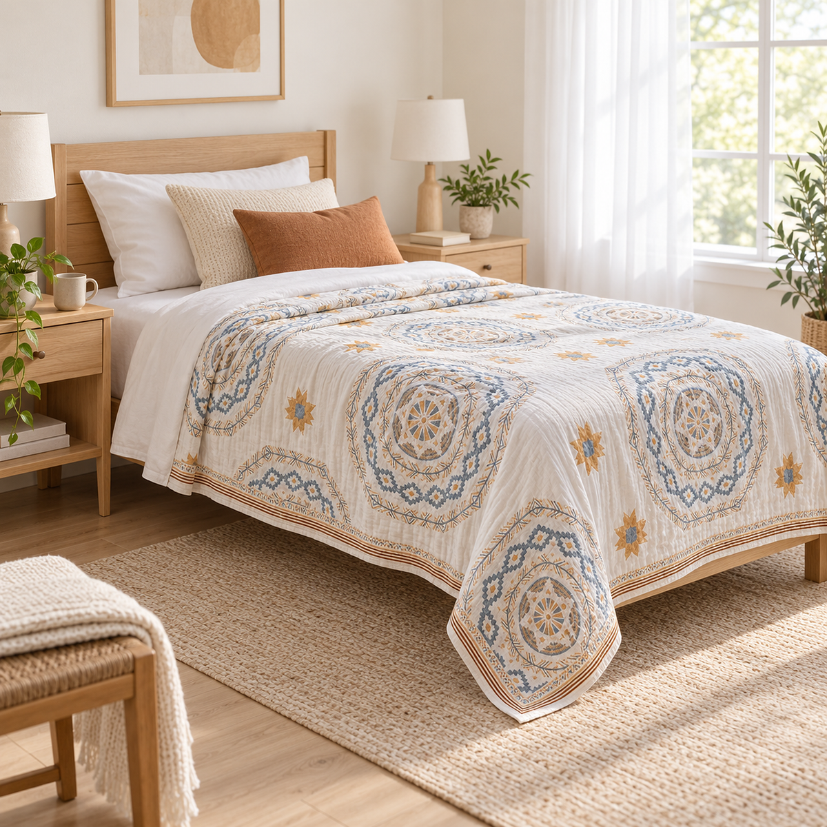 Nolemi multicolor cotton throw blanket spread over a twin guest bed with the sides draping down