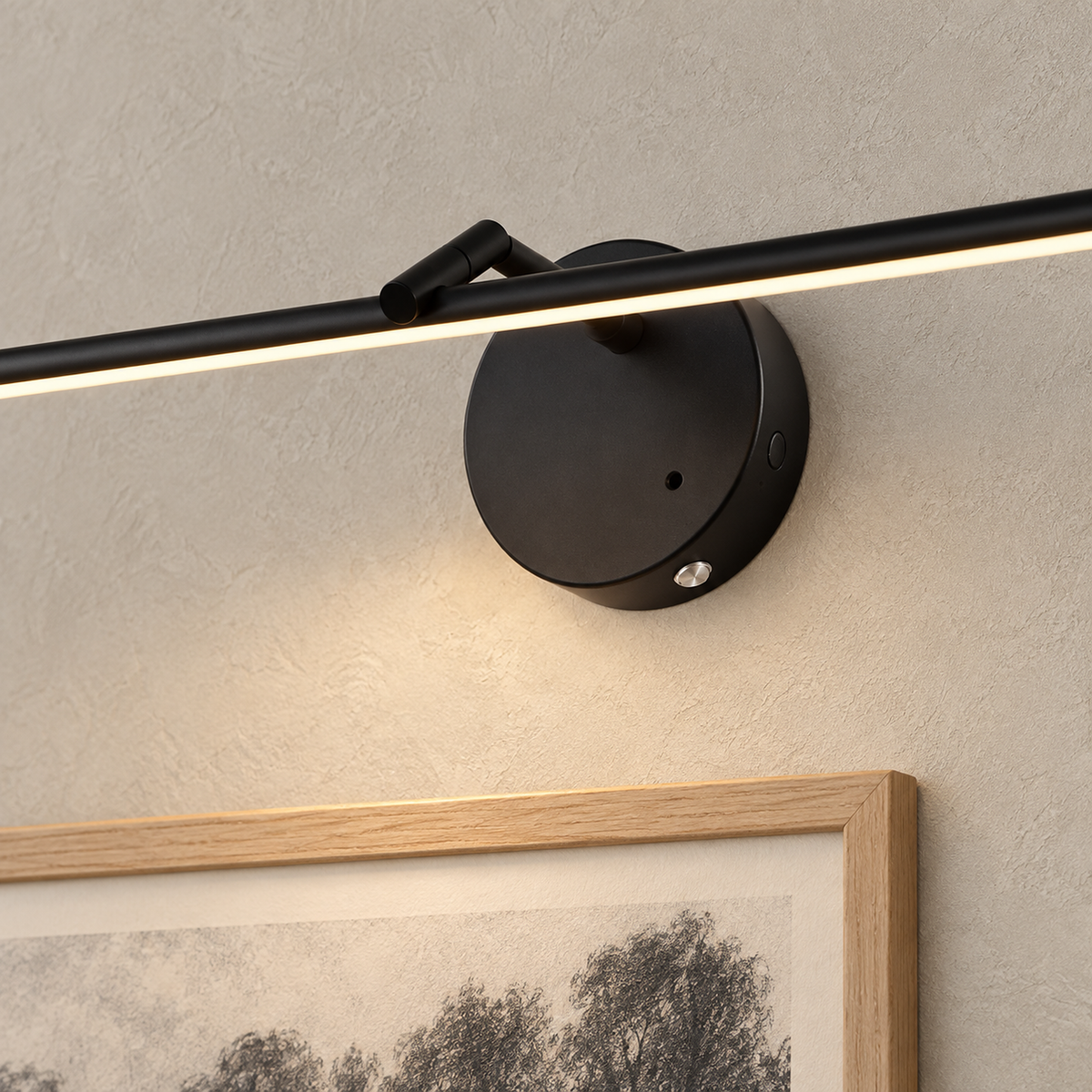 Nolesira black cordless wall lamp close up on the round mounting base and slim edge #color_black
