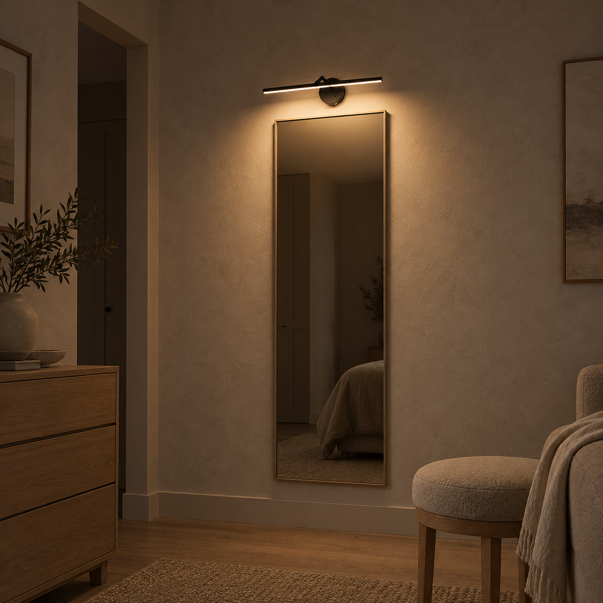 Nolesira black rechargeable wall sconce in a bedroom throwing its light down onto the mirror below