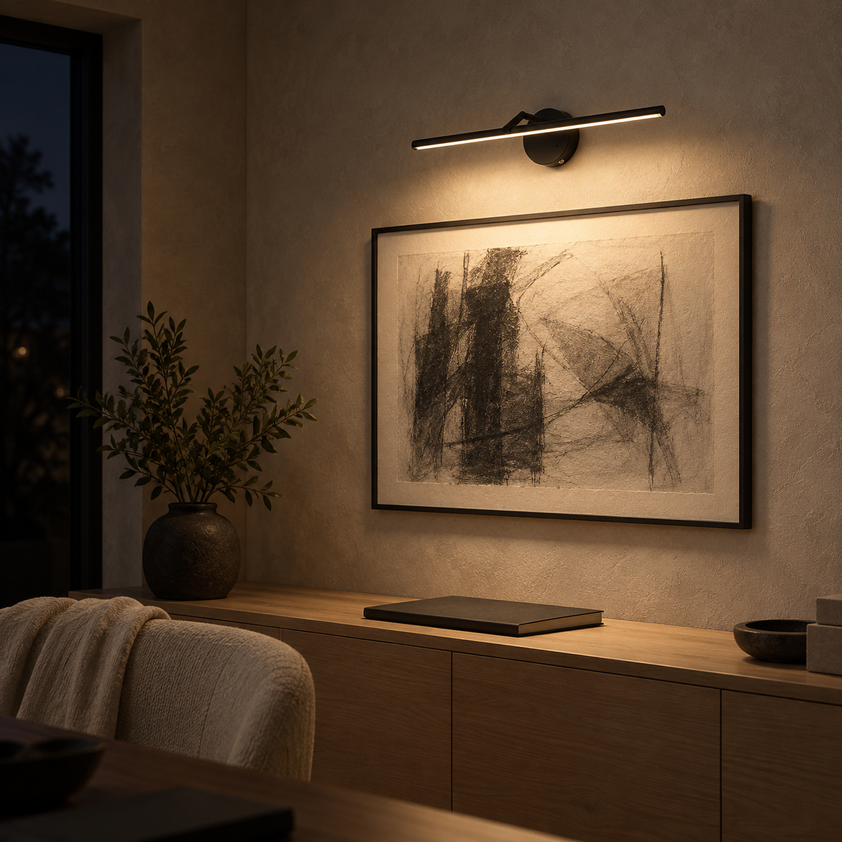 Nolesira black wireless wall light washing framed artwork in a study at night #color_black
