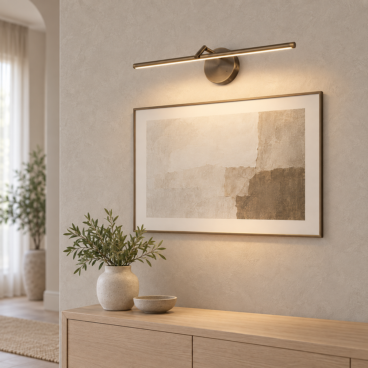 Nolesira bronze battery operated wall sconce lit over a framed print in a bright entryway #color_bronze