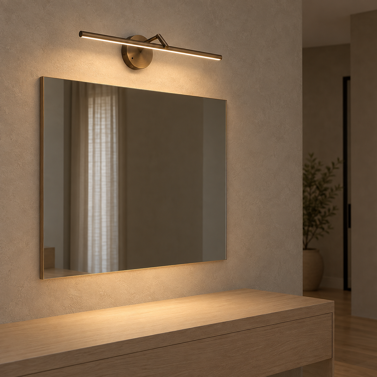 Nolesira bronze wireless wall light lighting a dressing mirror and clear ledge in a bedroom alcove #color_bronze